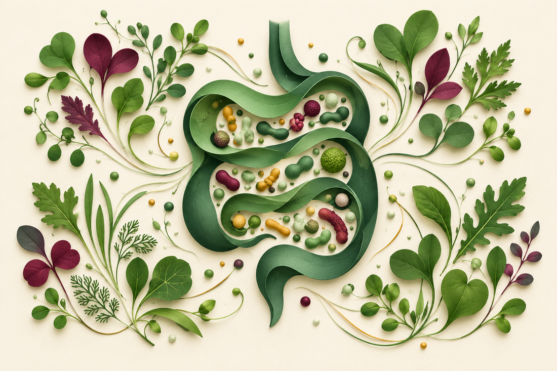 Abstract botanical illustration showing diverse plant forms surrounding a stylized gut microbiome.